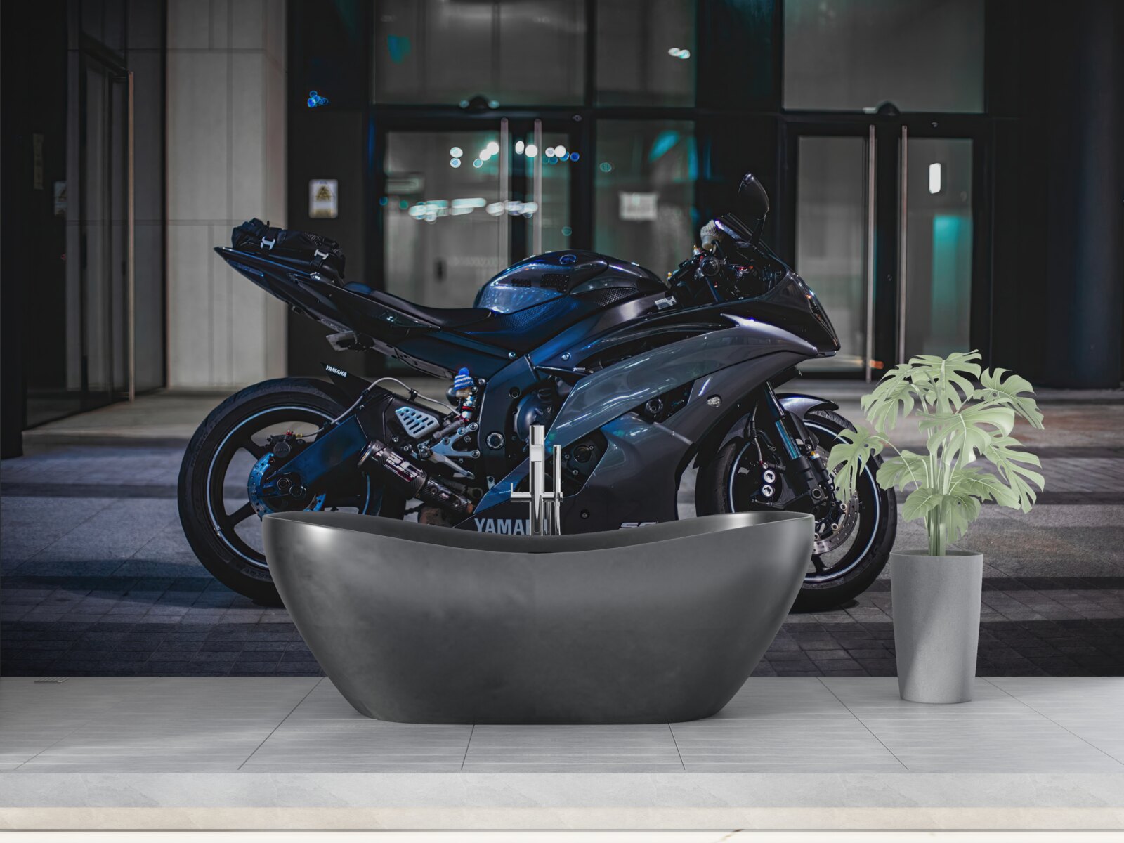 Papier peint moto bleu foncé laissée sur le parking