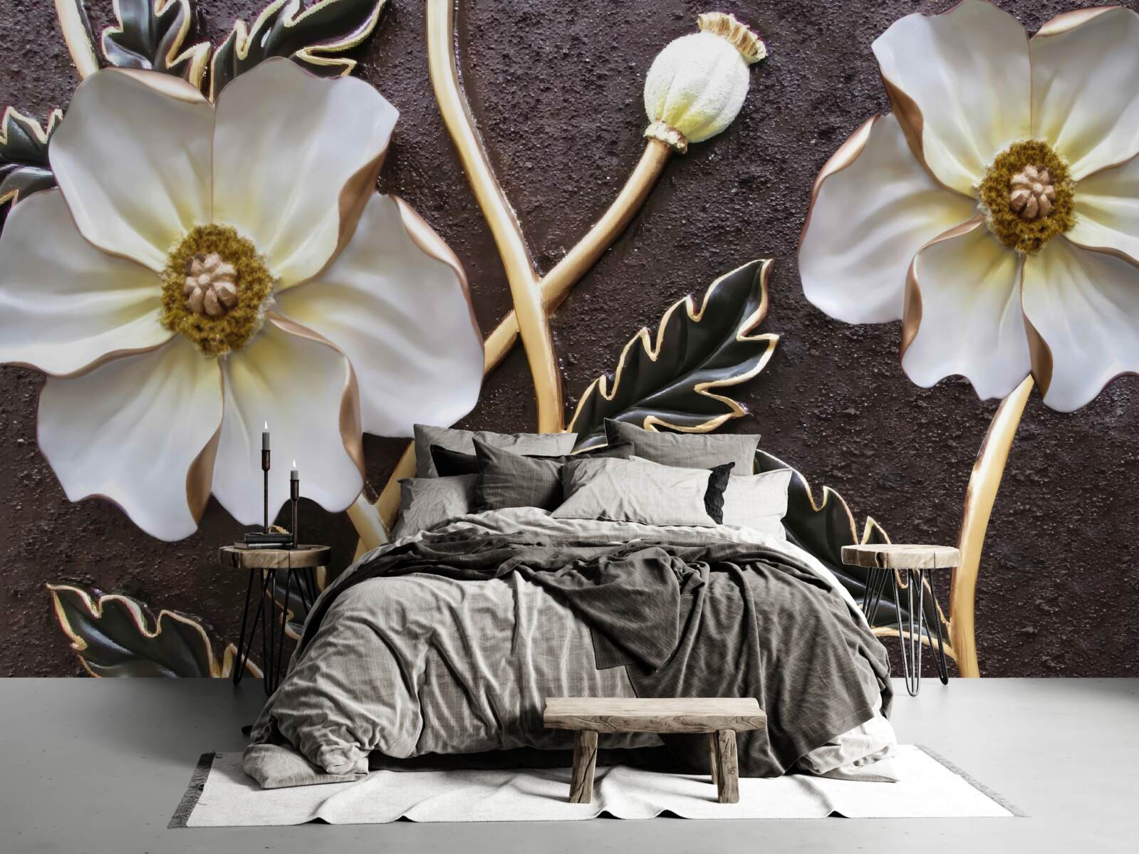 Papier peint grandes fleurs blanches