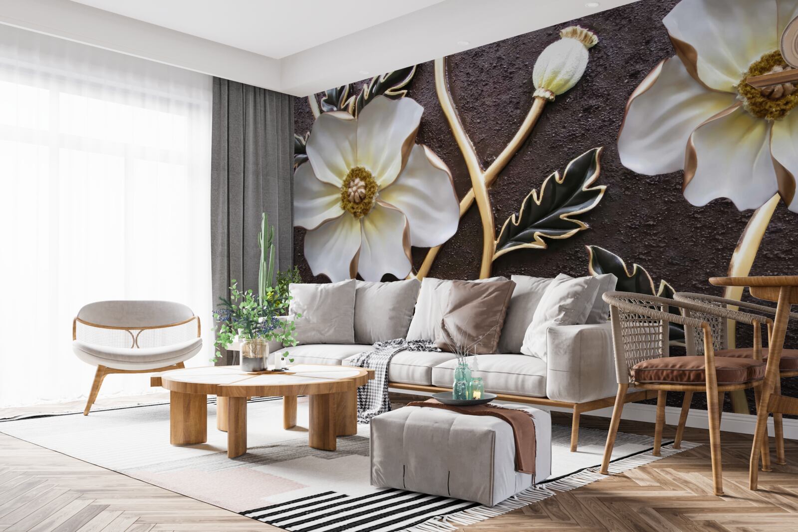 Papier peint grandes fleurs blanches