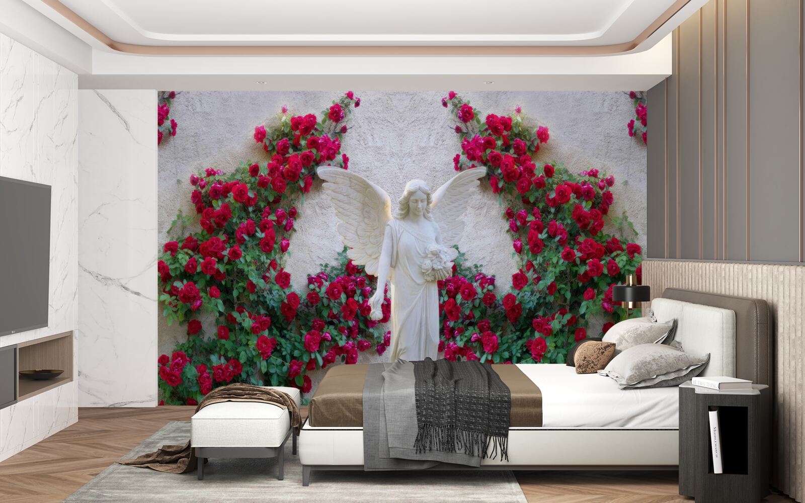 Papier peint statue d'un ange entouré de fleurs écarlates