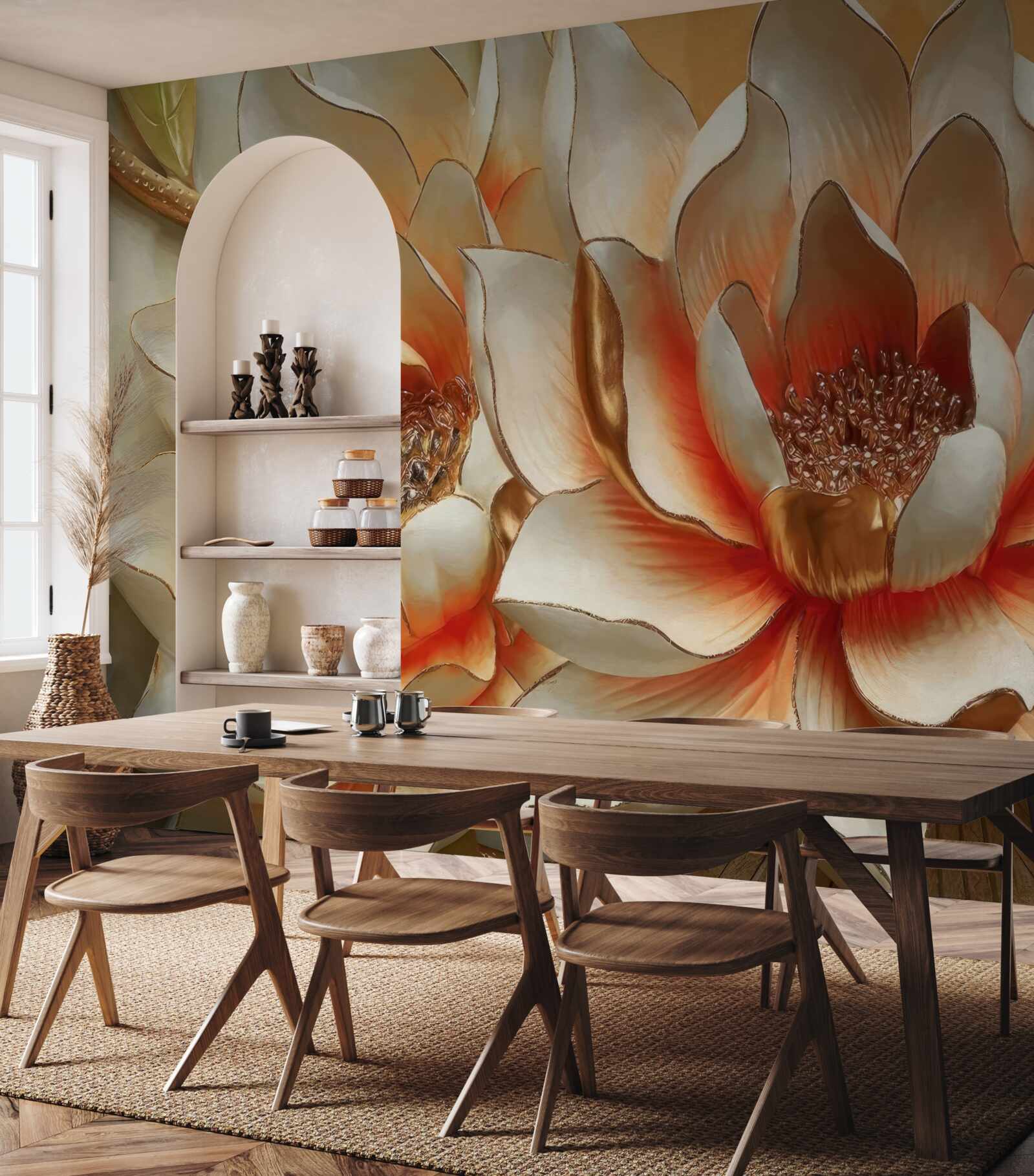 Papier peint grandes fleurs crème