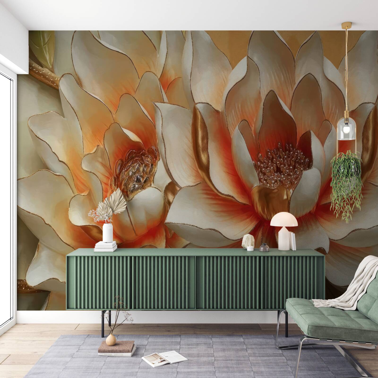Papier peint grandes fleurs crème