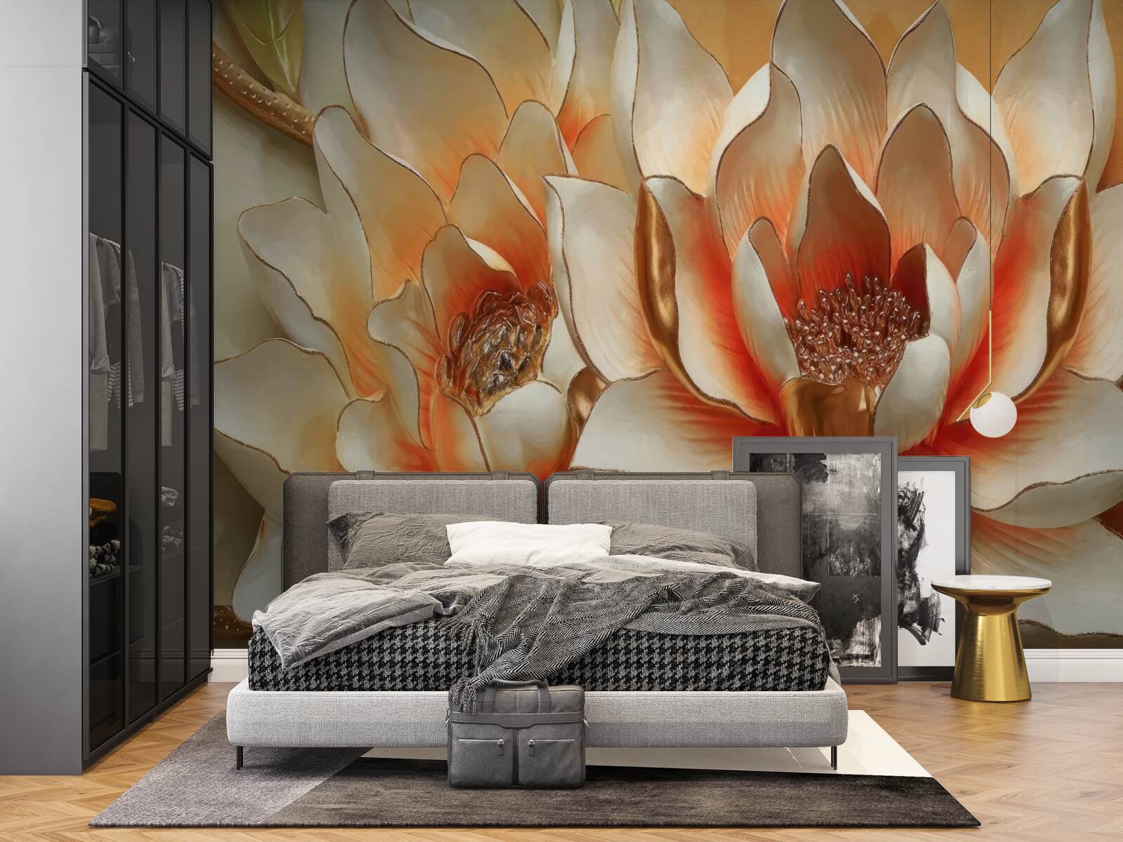 Papier peint grandes fleurs crème