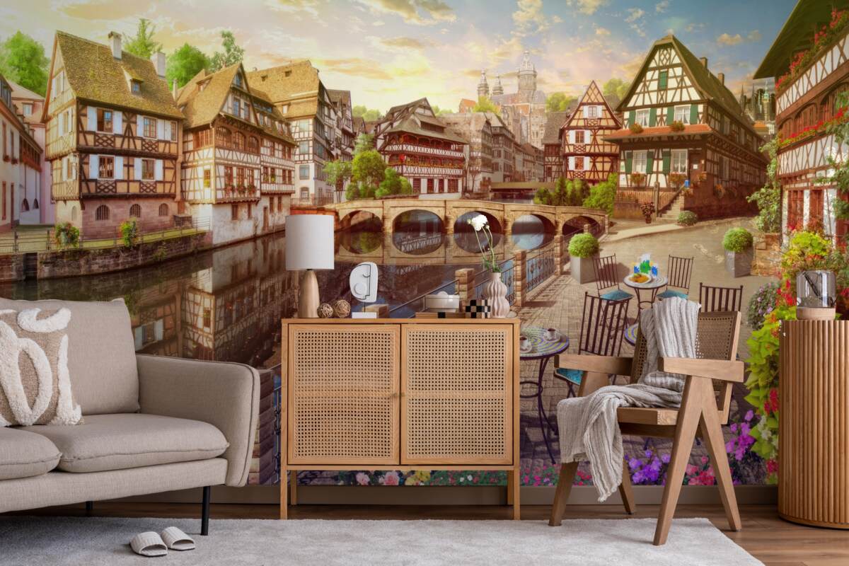 Papier peint tables au bord de l'eau dans la partie historique de la ville