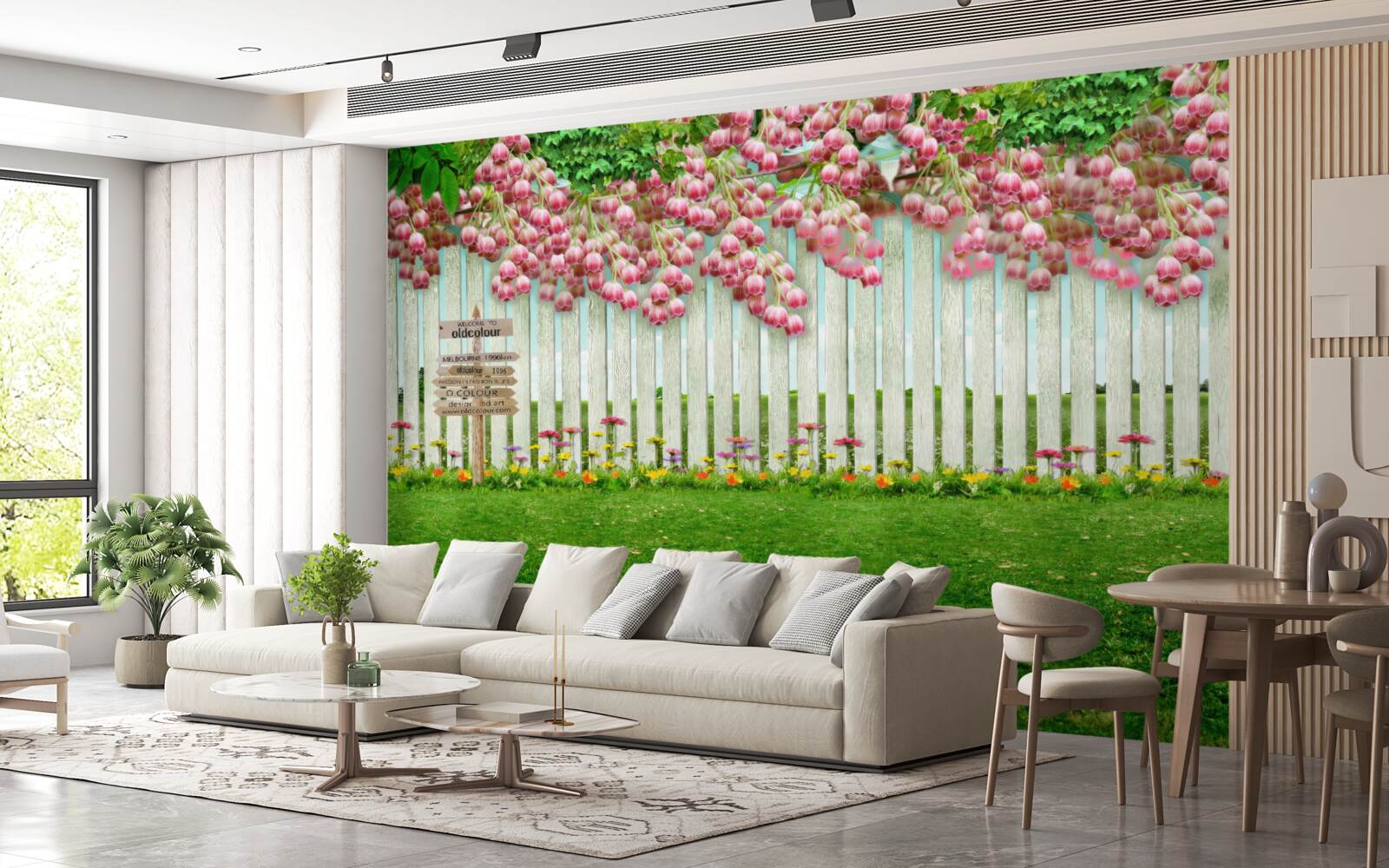 Papier peint des fleurs roses tombent en cascade sur une clôture blanche