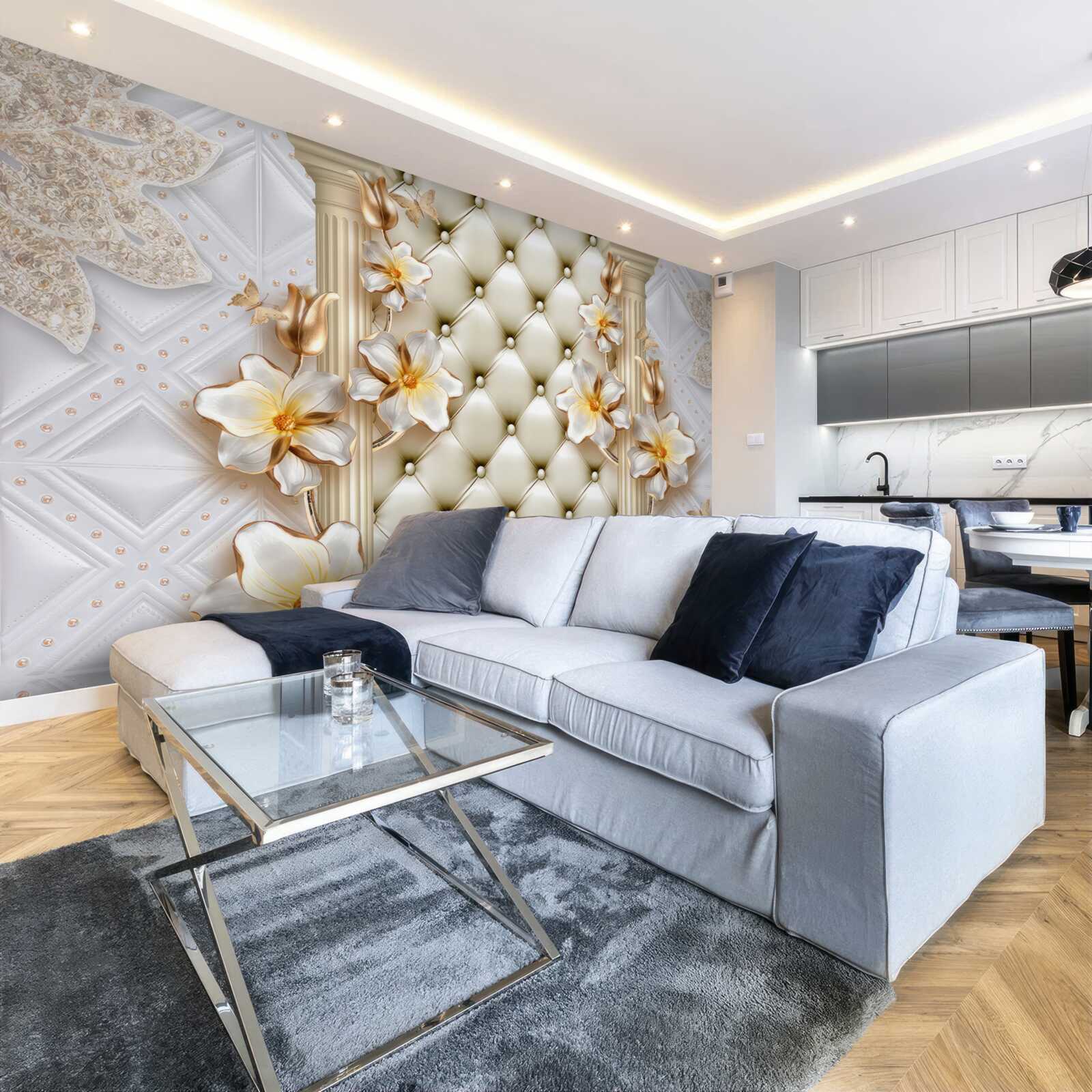 Papier peint mur décoré d'éléments matelassés dans des couleurs florales