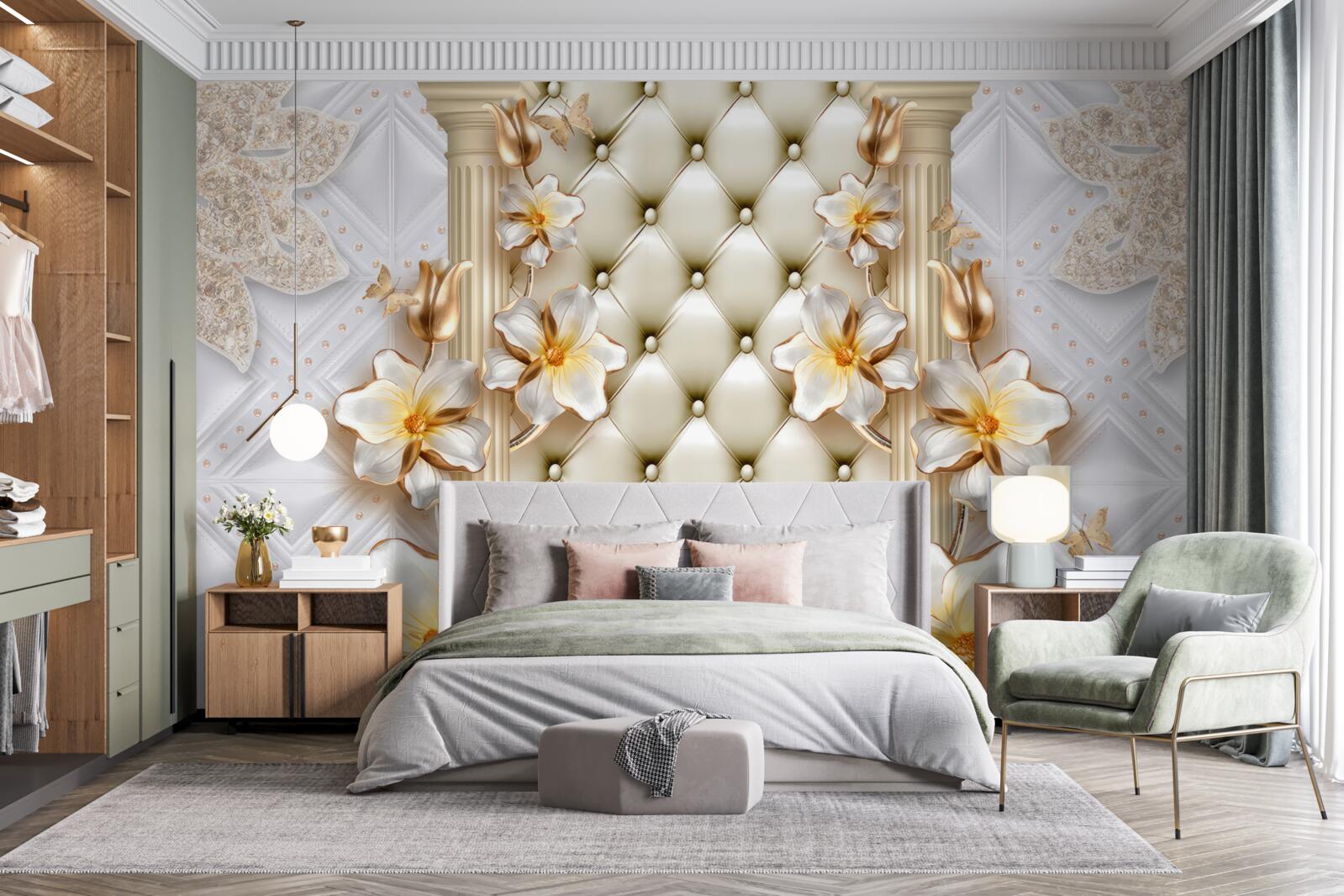 Papier peint mur décoré d'éléments matelassés dans des couleurs florales
