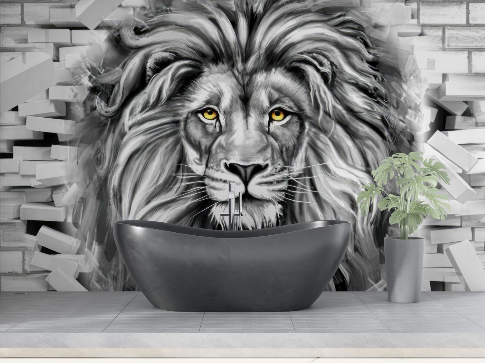 Papier peint visage de lion en noir et blanc