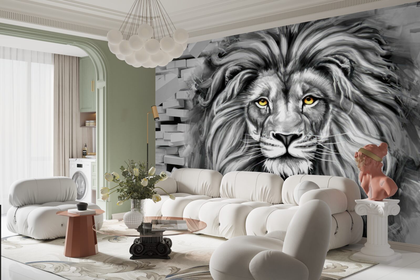 Papier peint visage de lion en noir et blanc