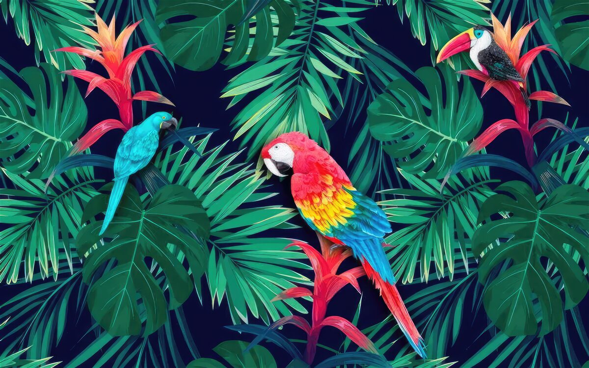 Papier peint perroquets sur de grandes feuilles d'émeraude