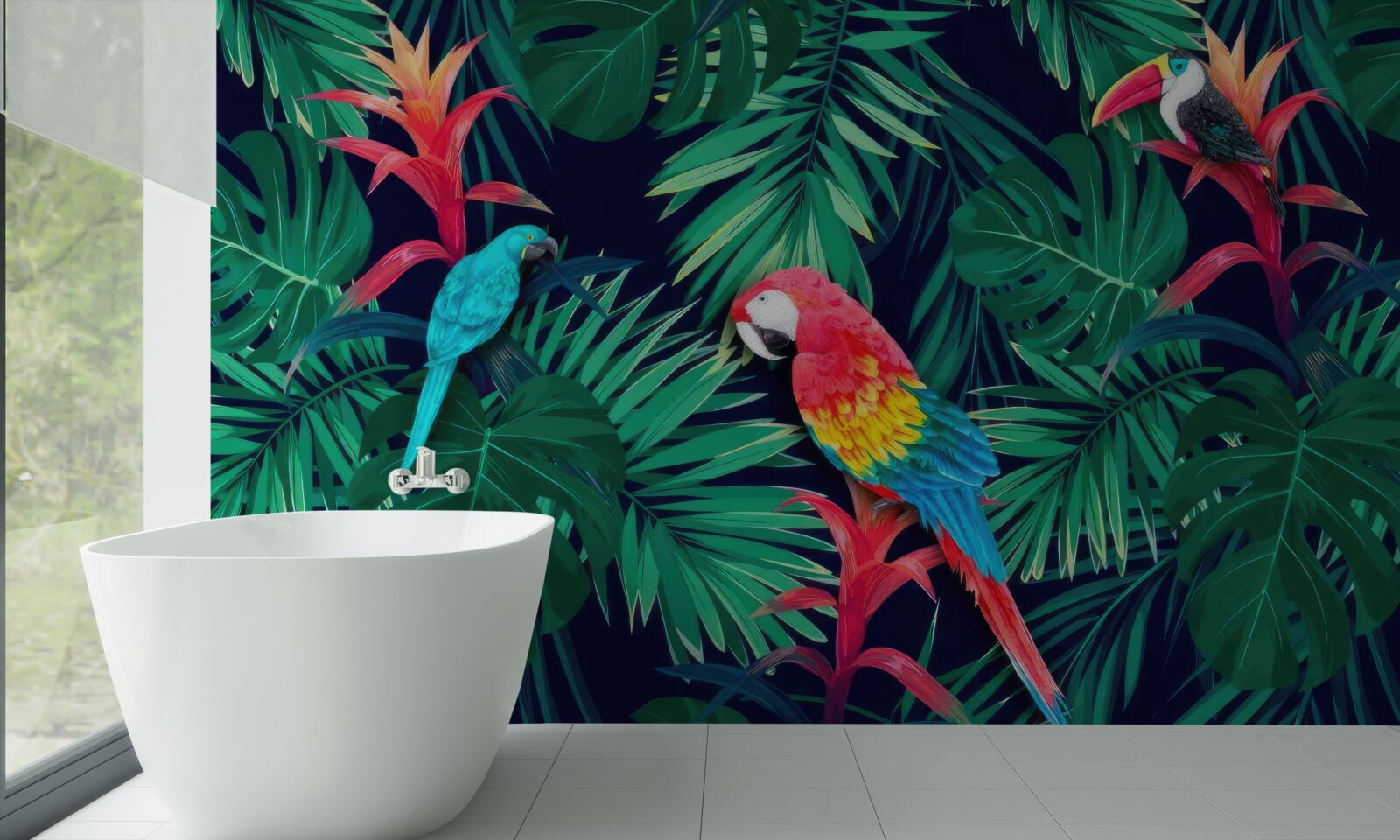 Papier peint perroquets sur de grandes feuilles d'émeraude