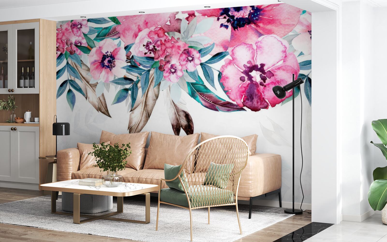 Papier peint les fleurs sont rose foncé et les feuilles vertes