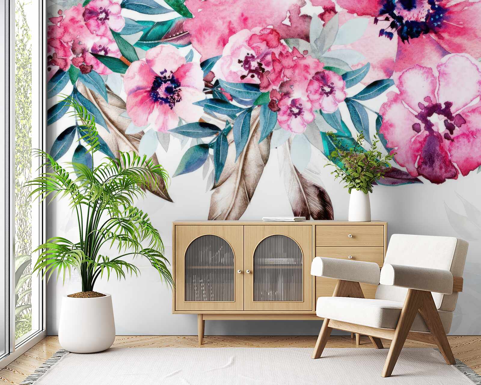 Papier peint les fleurs sont rose foncé et les feuilles vertes