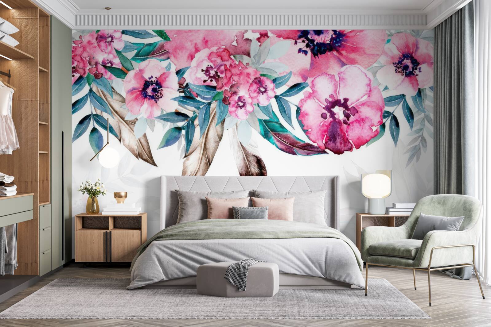 Papier peint les fleurs sont rose foncé et les feuilles vertes