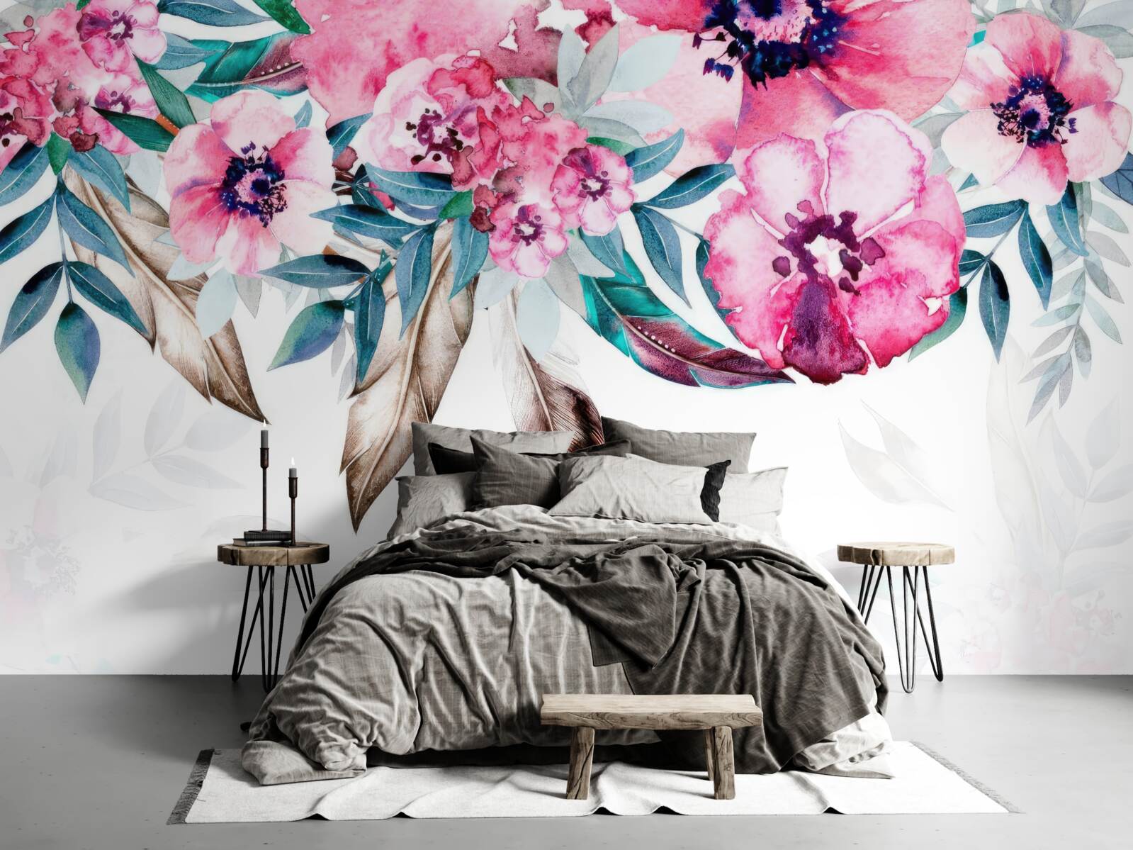 Papier peint les fleurs sont rose foncé et les feuilles vertes