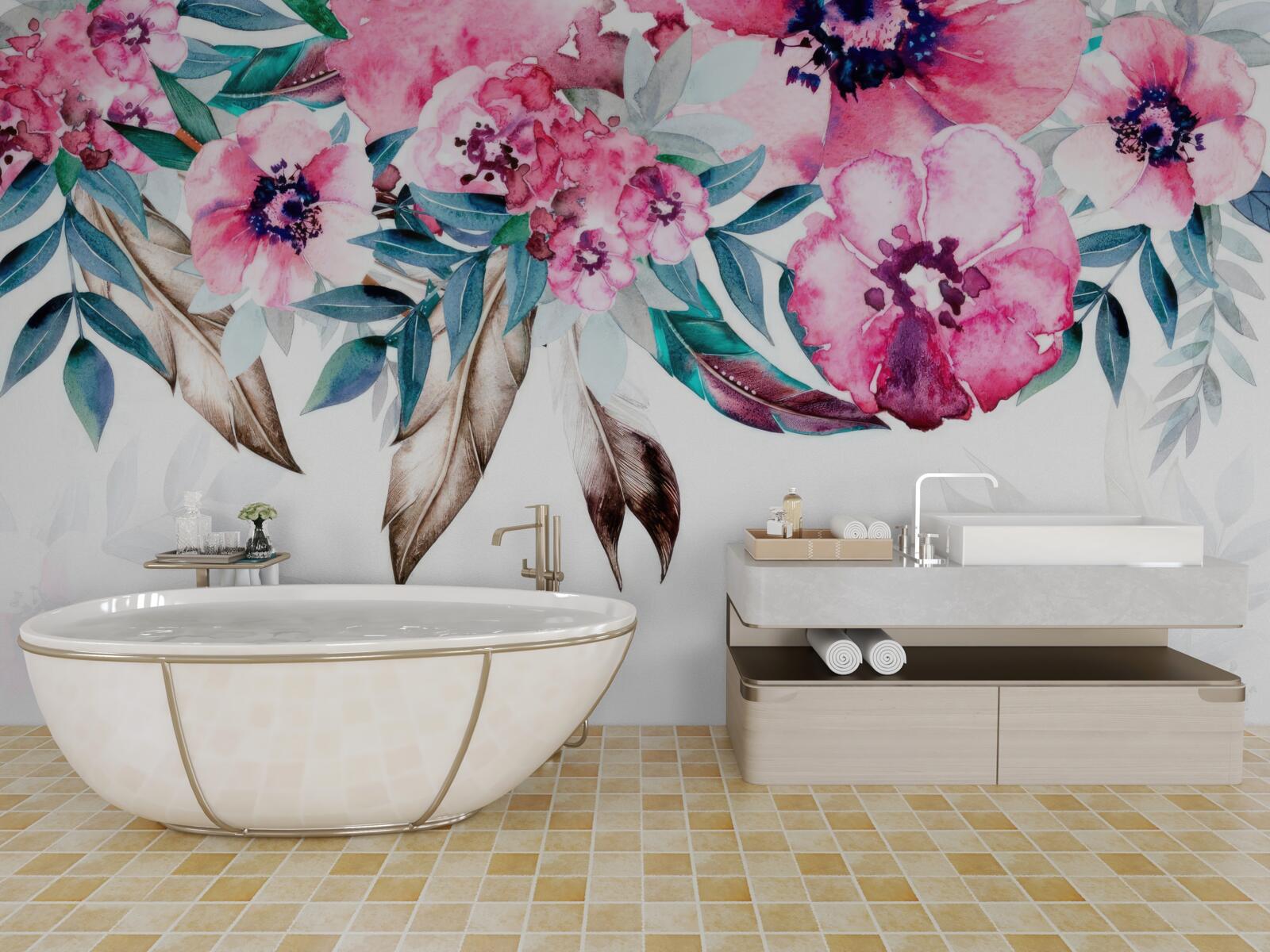 Papier peint les fleurs sont rose foncé et les feuilles vertes