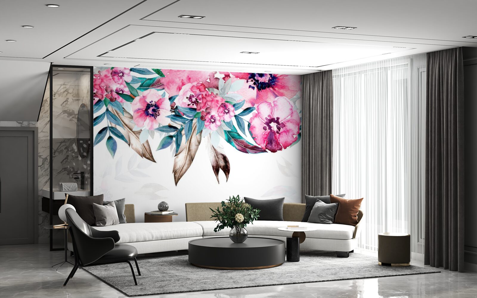 Papier peint les fleurs sont rose foncé et les feuilles vertes