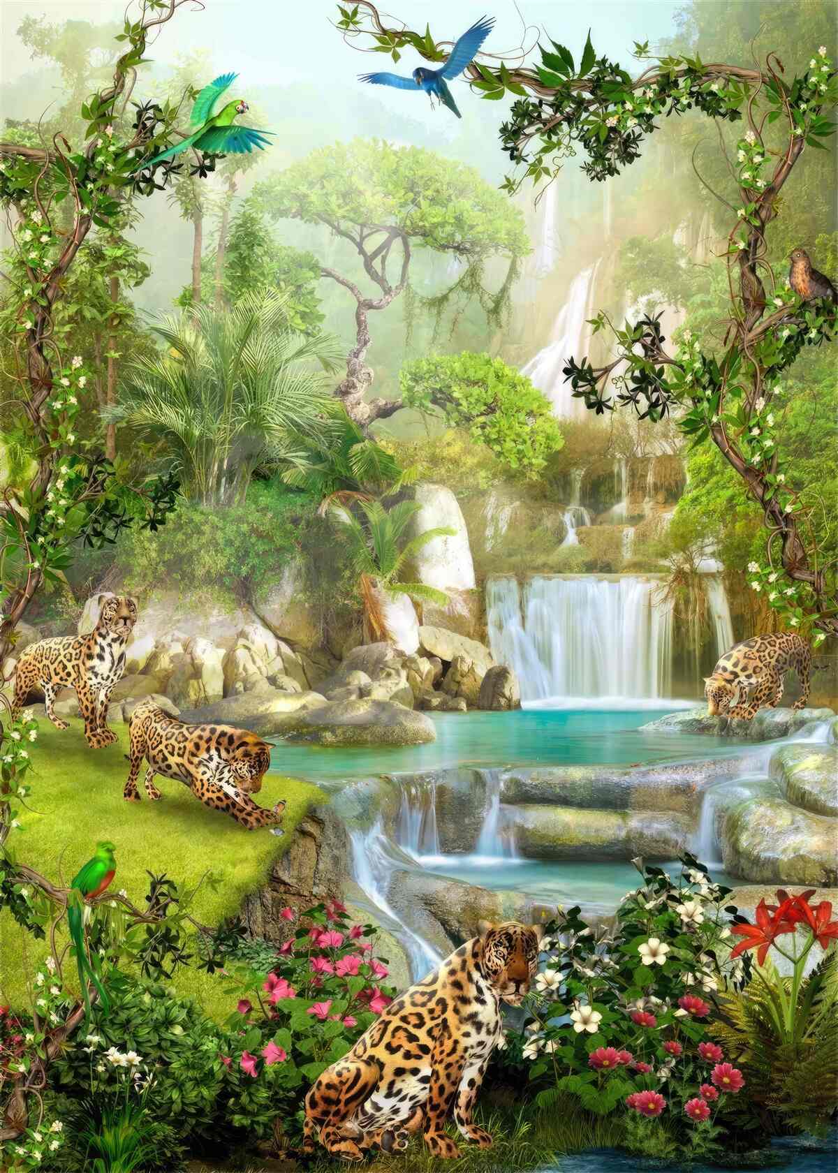 Papier peint il y a des léopards au-dessus de la cascade