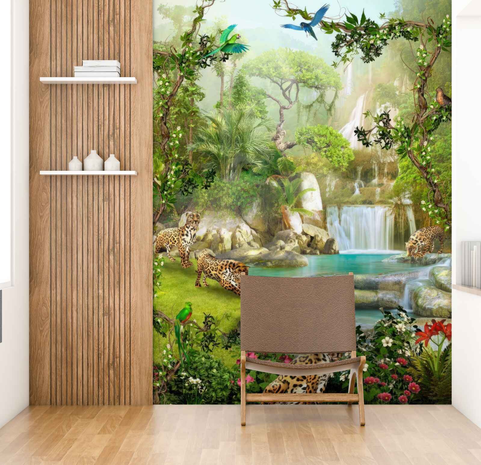 Papier peint il y a des léopards au-dessus de la cascade
