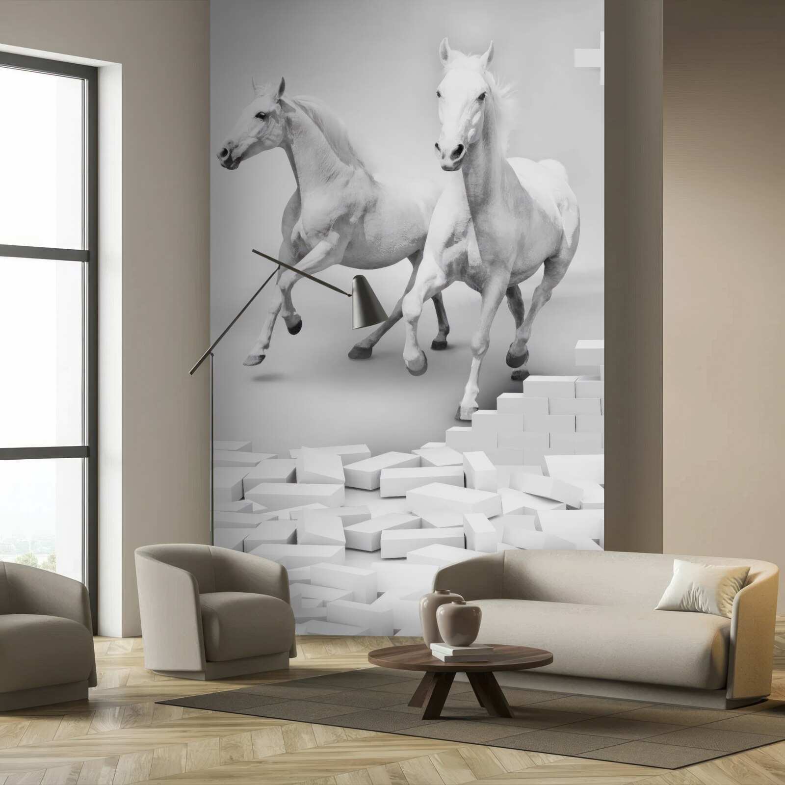 Papier peint chevaux blancs et briques délabrées