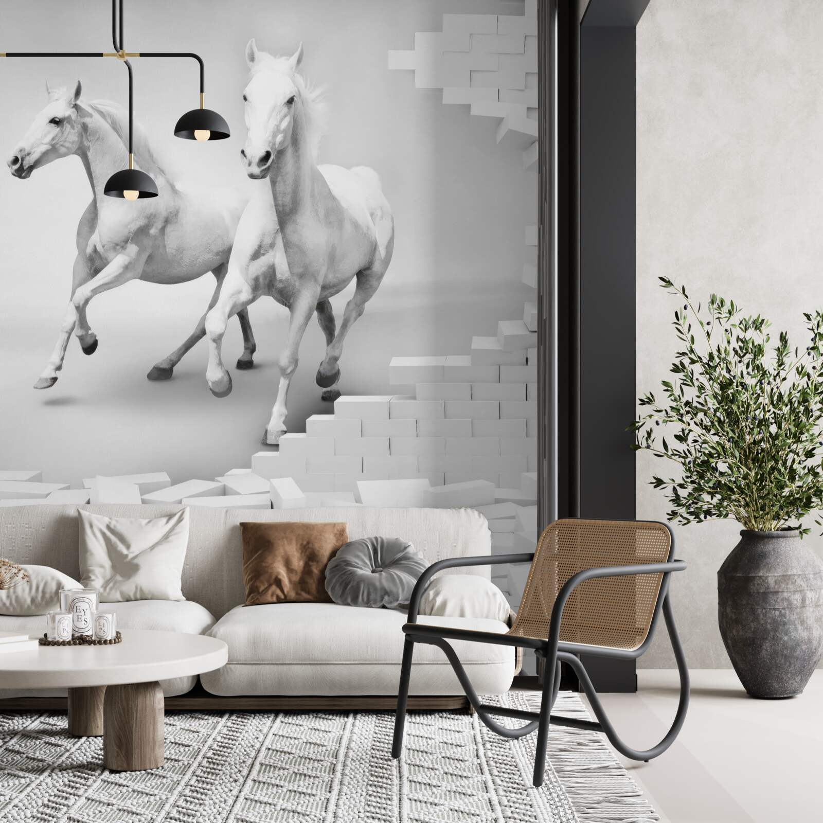 Papier peint chevaux blancs et briques délabrées
