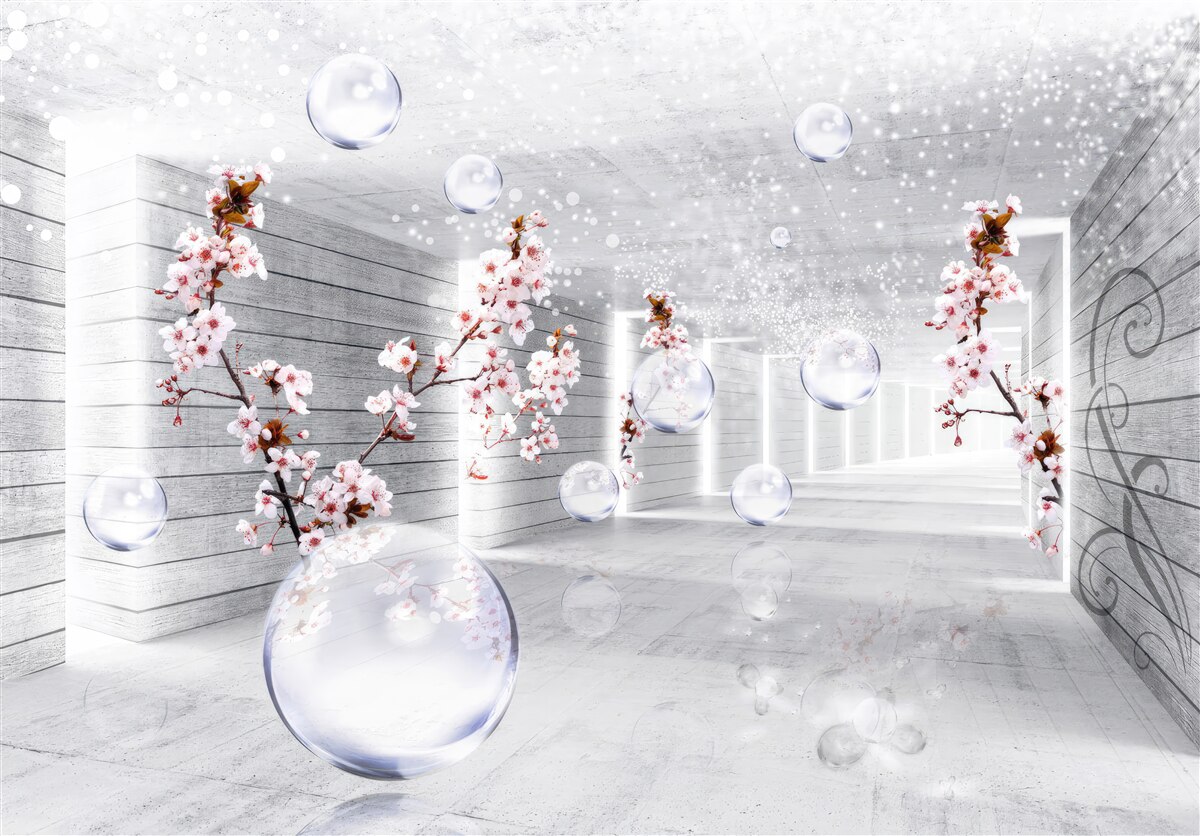 Papier peint une boule de tissu transparent et des fleurs placées dans le couloir