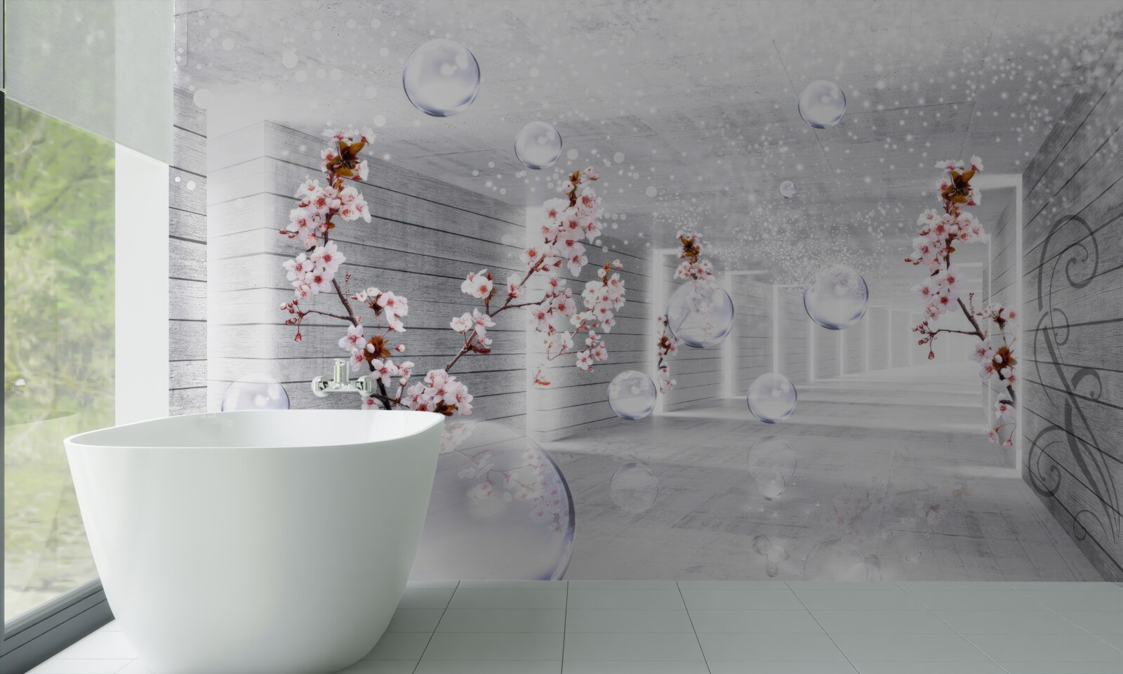 Papier peint une boule de tissu transparent et des fleurs placées dans le couloir