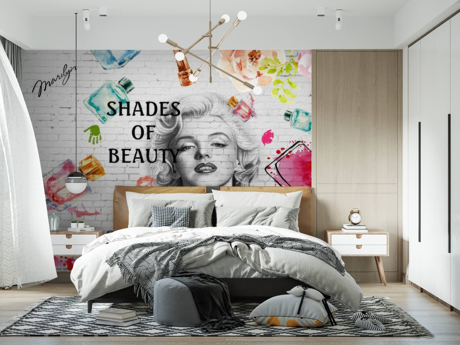 Papier peint monroe contre un mur de briques blanches