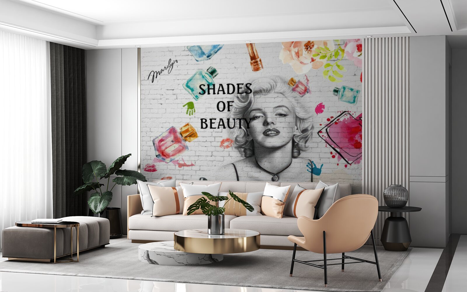 Papier peint monroe contre un mur de briques blanches
