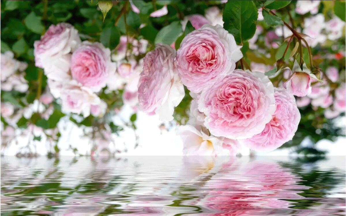 Papier peint roses roses au bord de l'eau