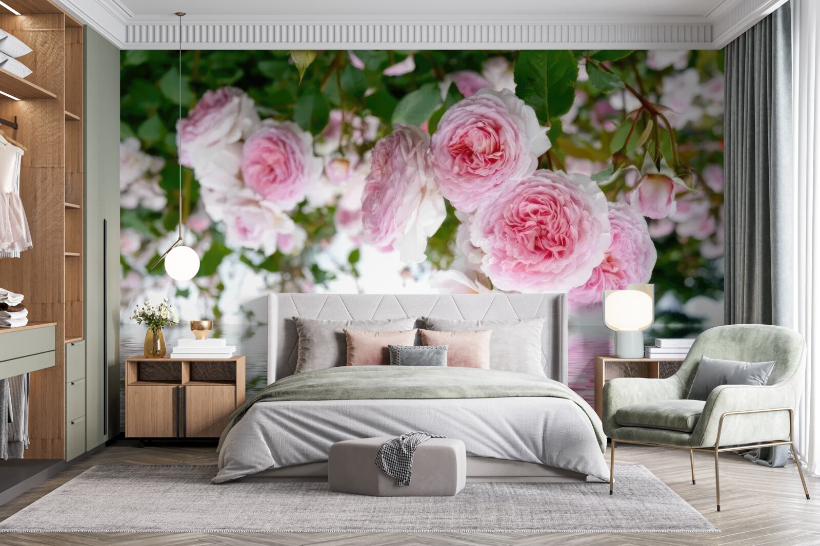 Papier peint roses roses au bord de l'eau