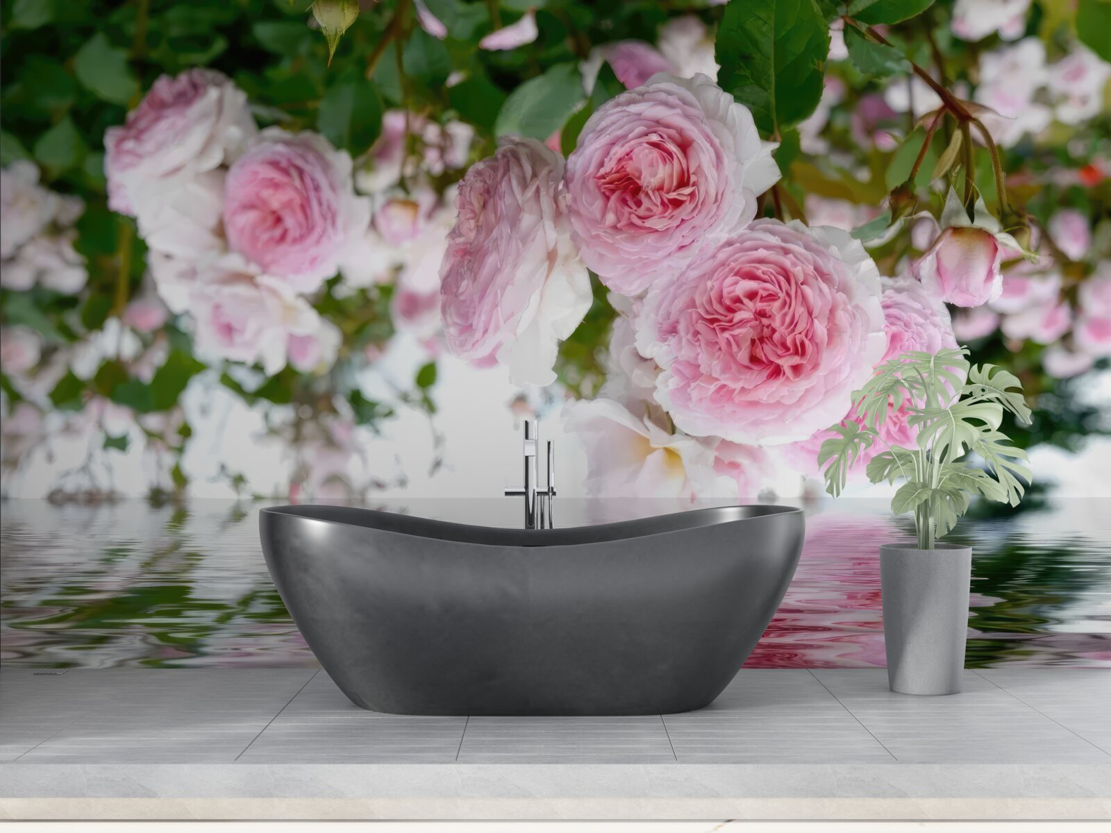 Papier peint roses roses au bord de l'eau