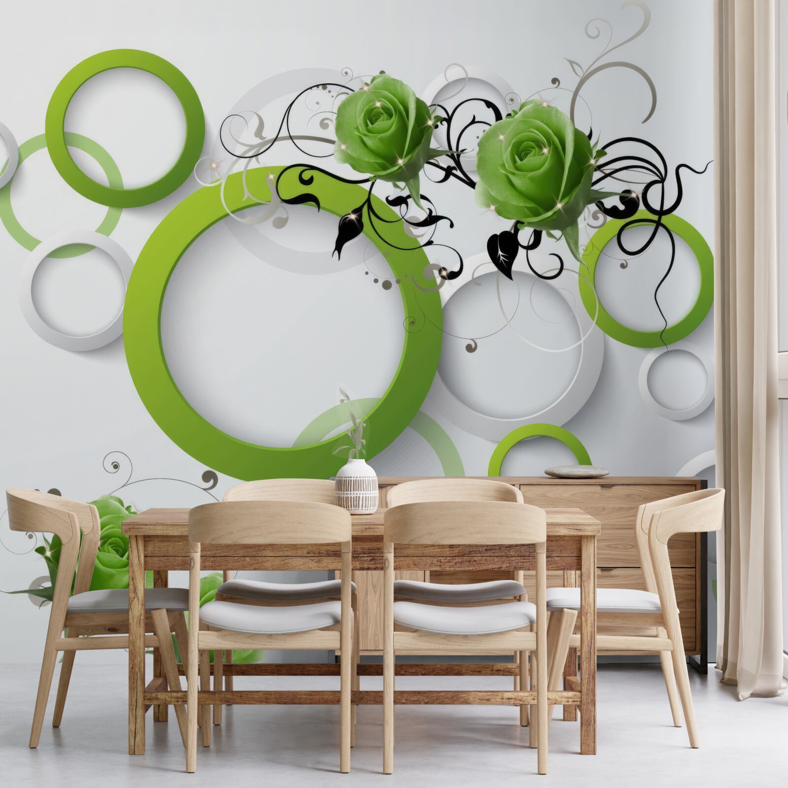 Papier peint cercles verts et roses