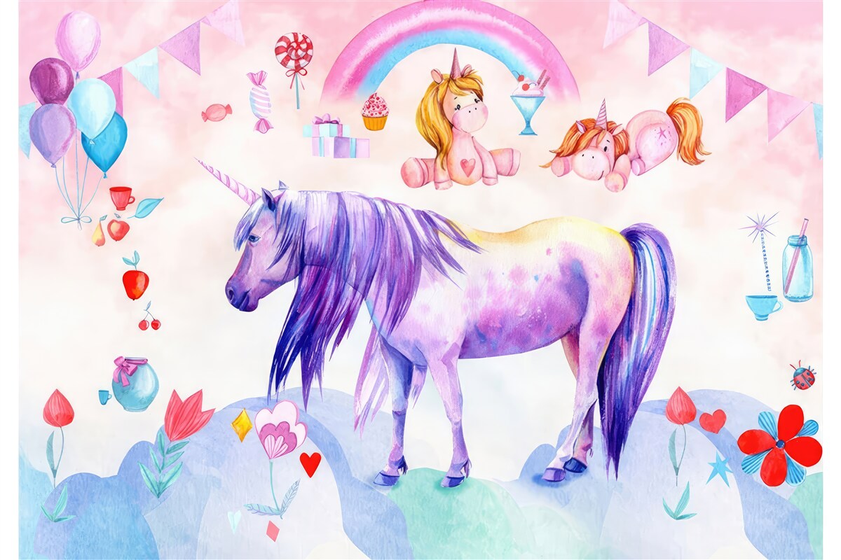 Papier peint des licornes entourées d'arcs-en-ciel, de fleurs et de cadeaux