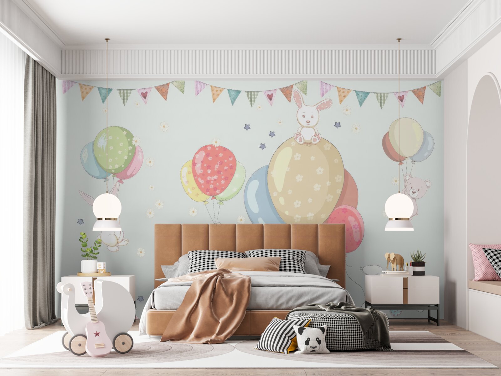 Papier peint lapins et ours avec des ballons