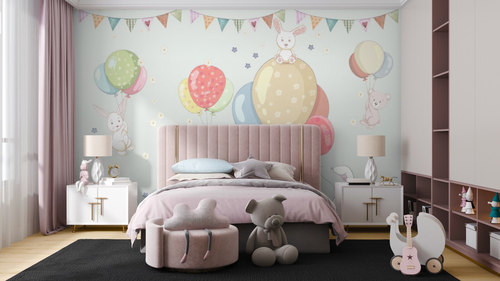 Papier peint lapins et ours avec des ballons