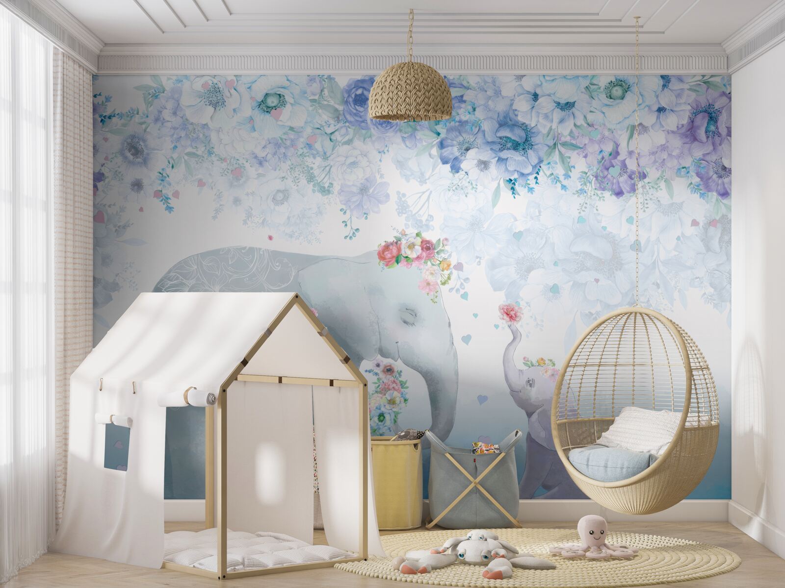 Papier peint éléphant avec enfant parmi les fleurs