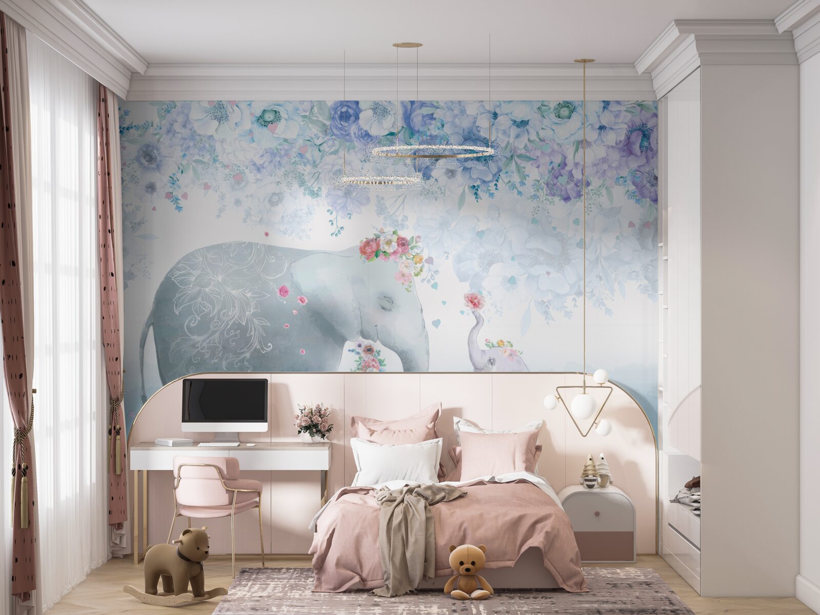 Papier peint éléphant avec enfant parmi les fleurs