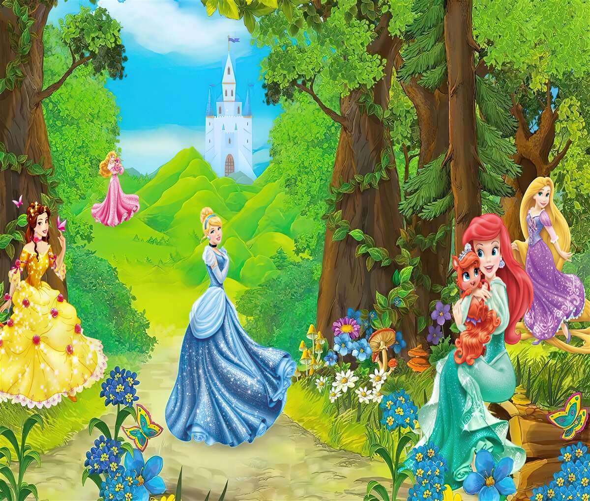 Papier peint princesses de dessins animés disney se promènent dans les bois
