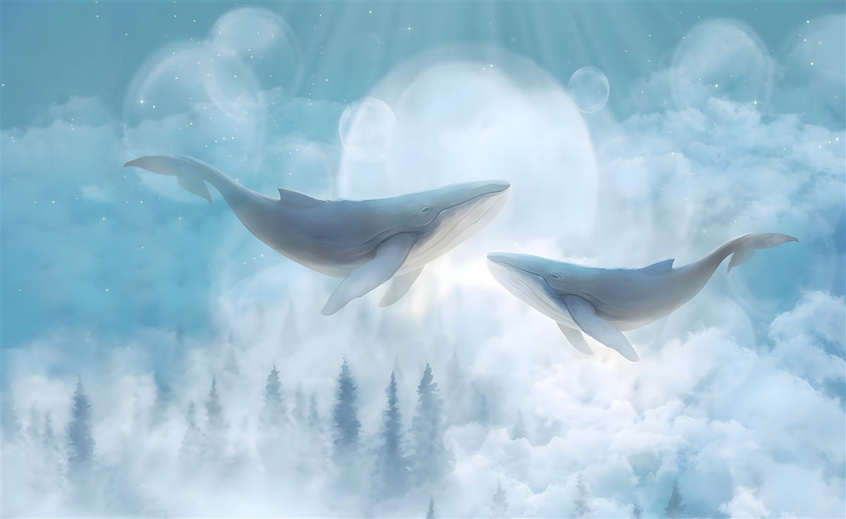 Papier peint les baleines planent au-dessus de la forêt brumeuse