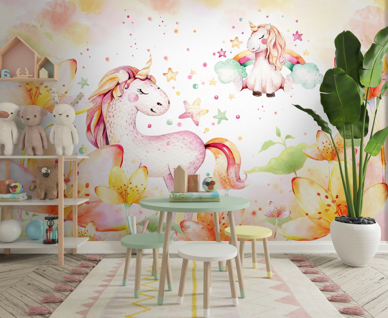 Papier peint des fleurs autour des licornes les yeux fermés