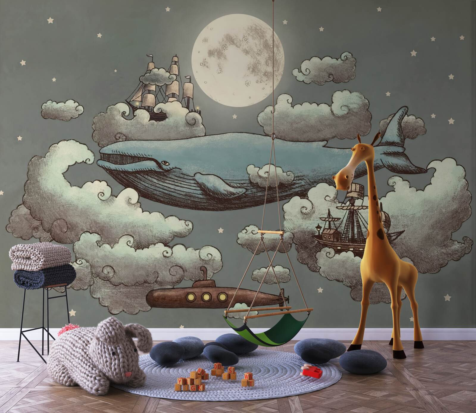 Papier peint un cachalot et un bateau flottant dans les nuages