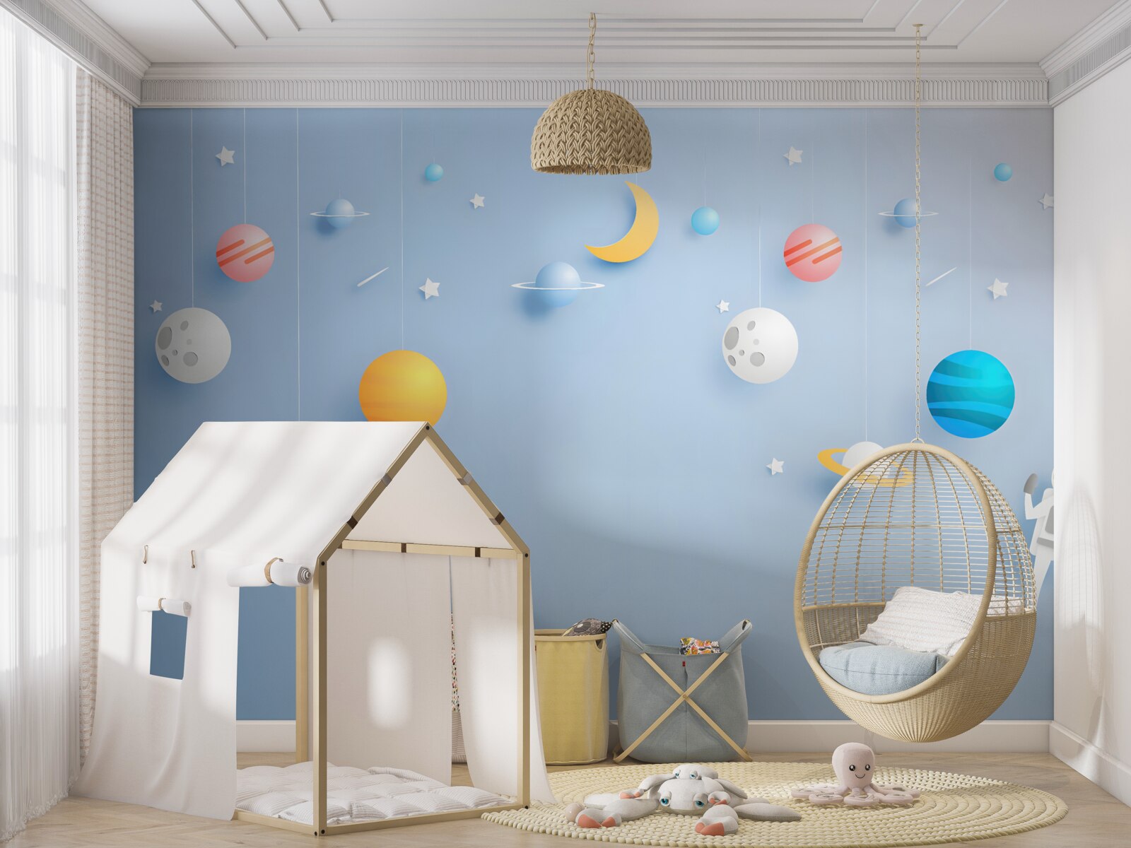 Papier peint astronaute entouré de planètes