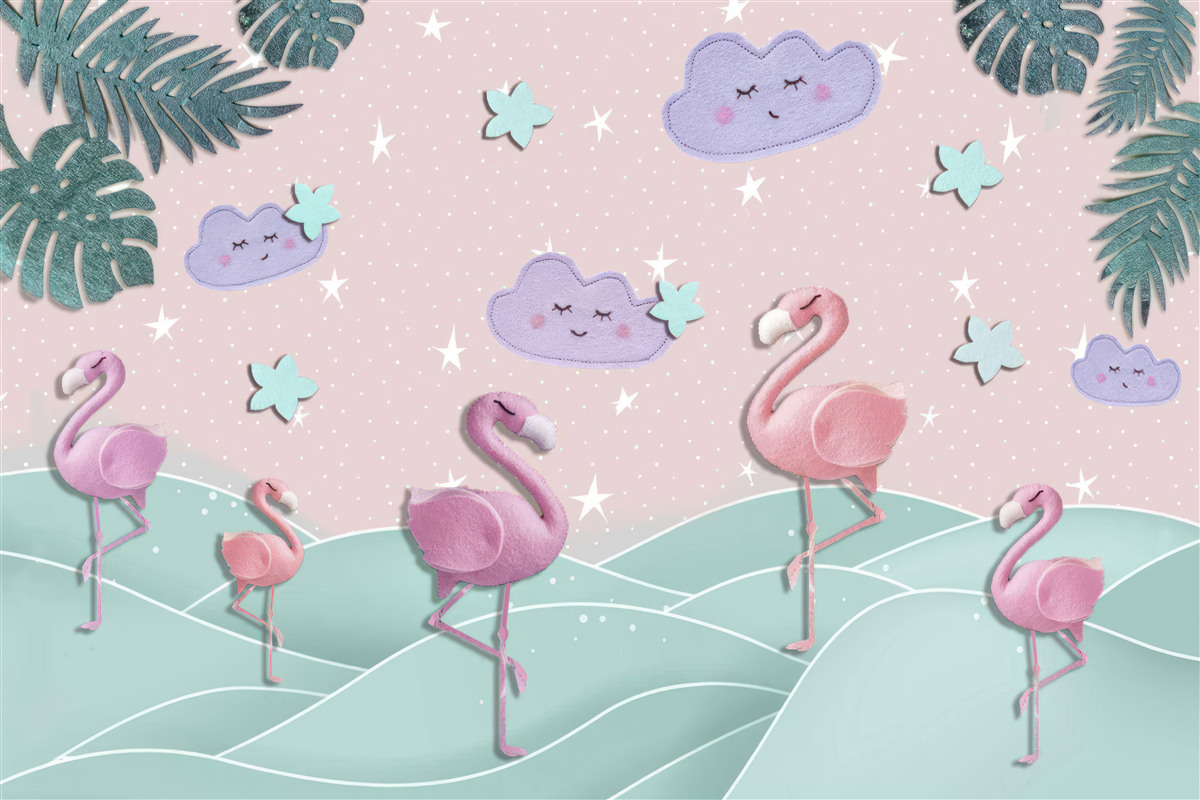 Papier peint Les flamants roses se tiennent en équilibre sur une jambe