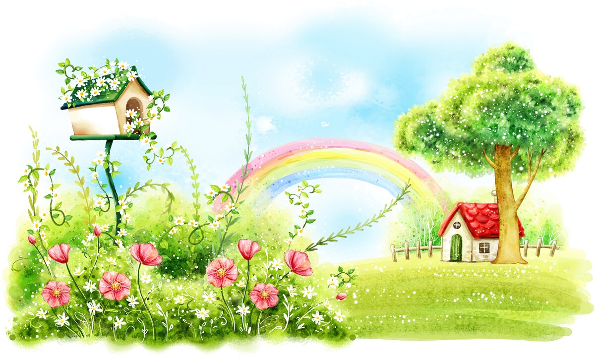 Papier peint pelouse, petite maison et arche multicolore
