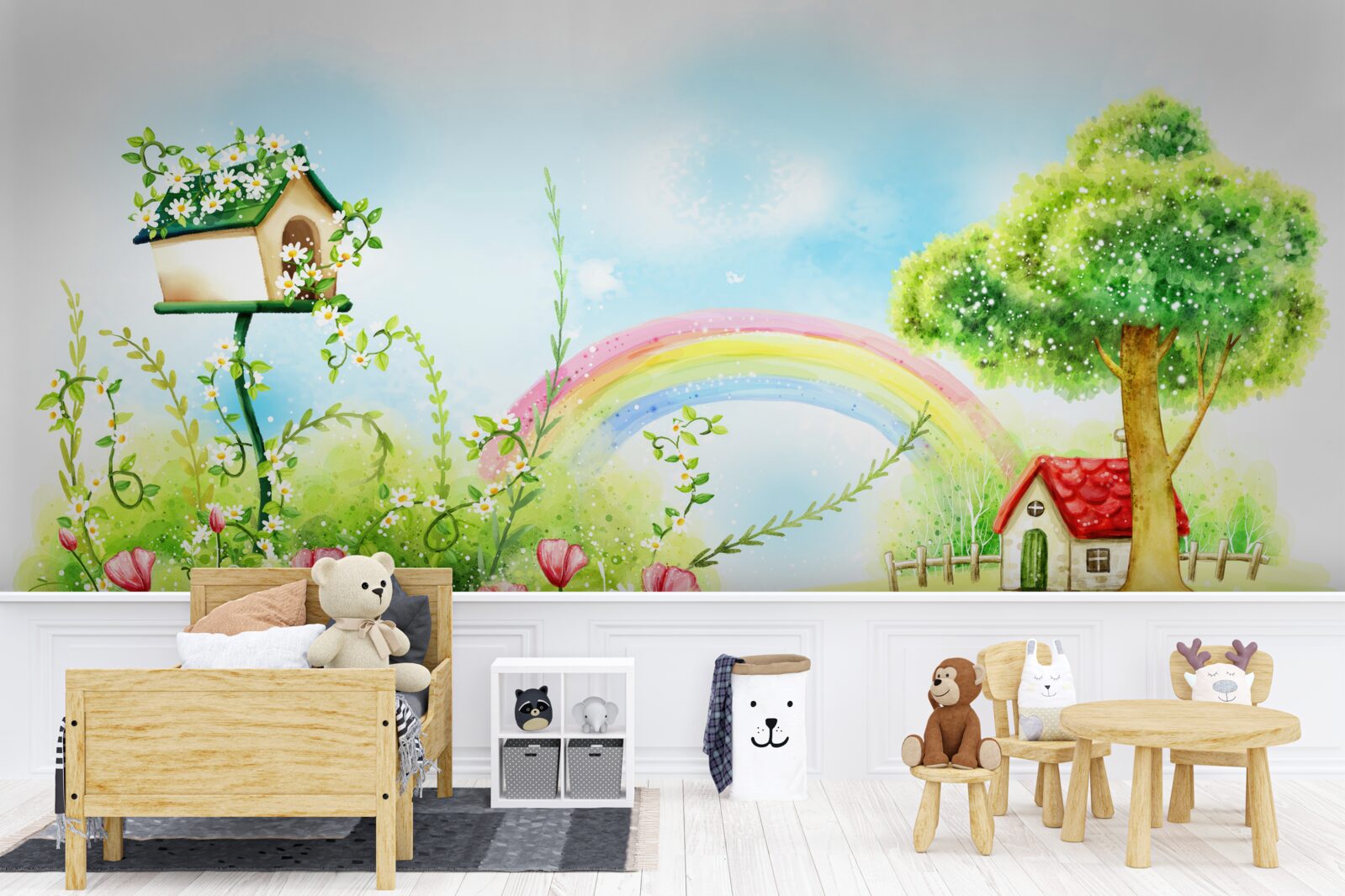 Papier peint pelouse, petite maison et arche multicolore