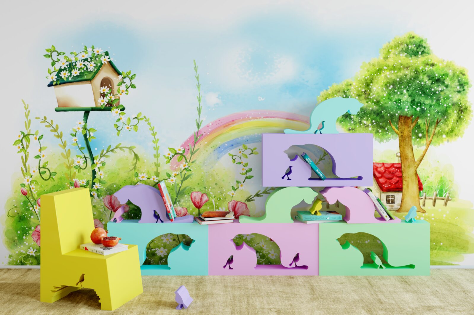 Papier peint pelouse, petite maison et arche multicolore
