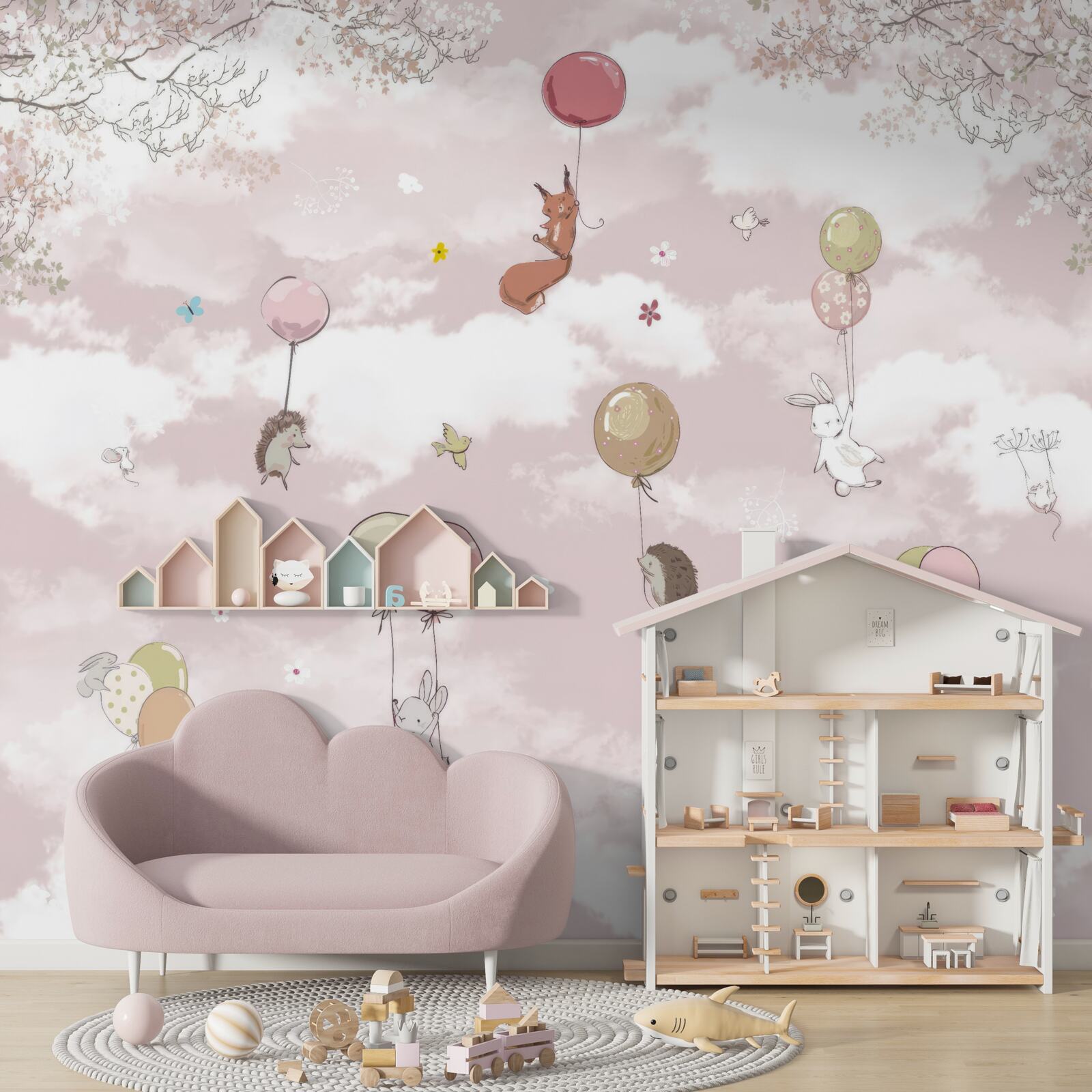 Papier peint les animaux volent en tenant des ballons
