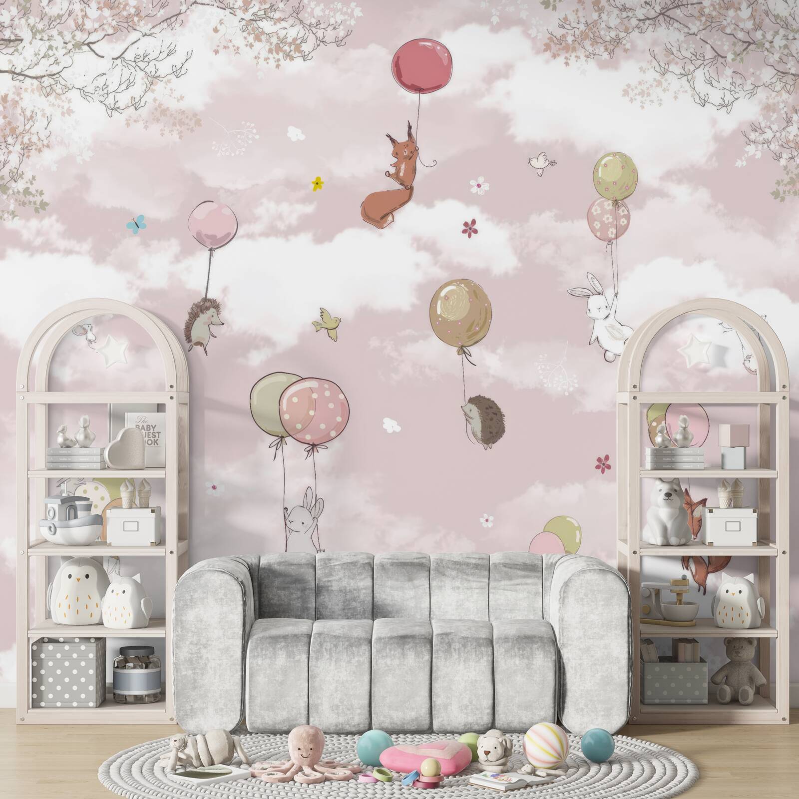 Papier peint les animaux volent en tenant des ballons