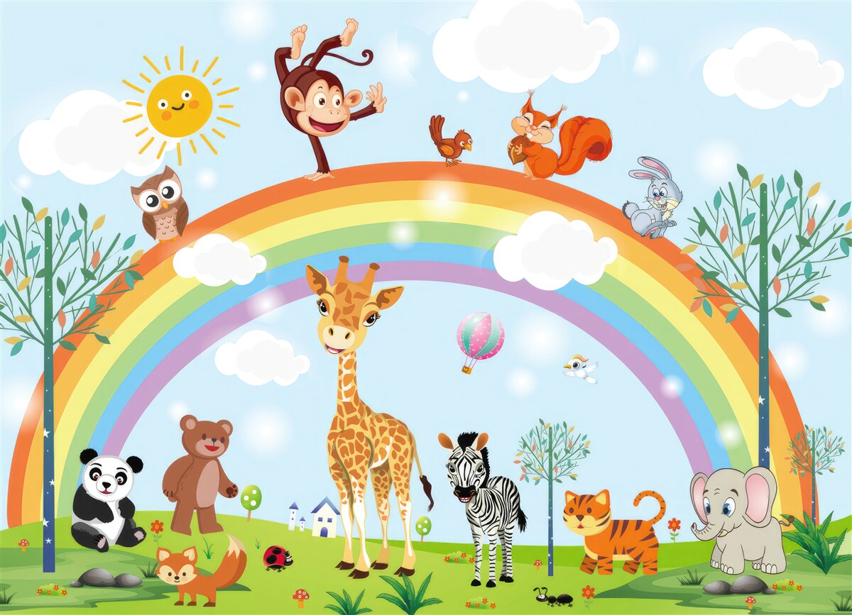 Papier peint animaux sur fond d'arc-en-ciel
